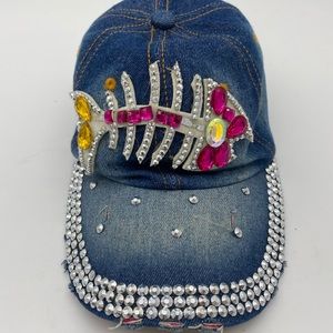 Lucky 7 USA Denim Fish Bones Bling Buckle Back Hat